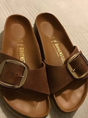 Birkenstock Brown Leather Single-Buckle Slide Sandals